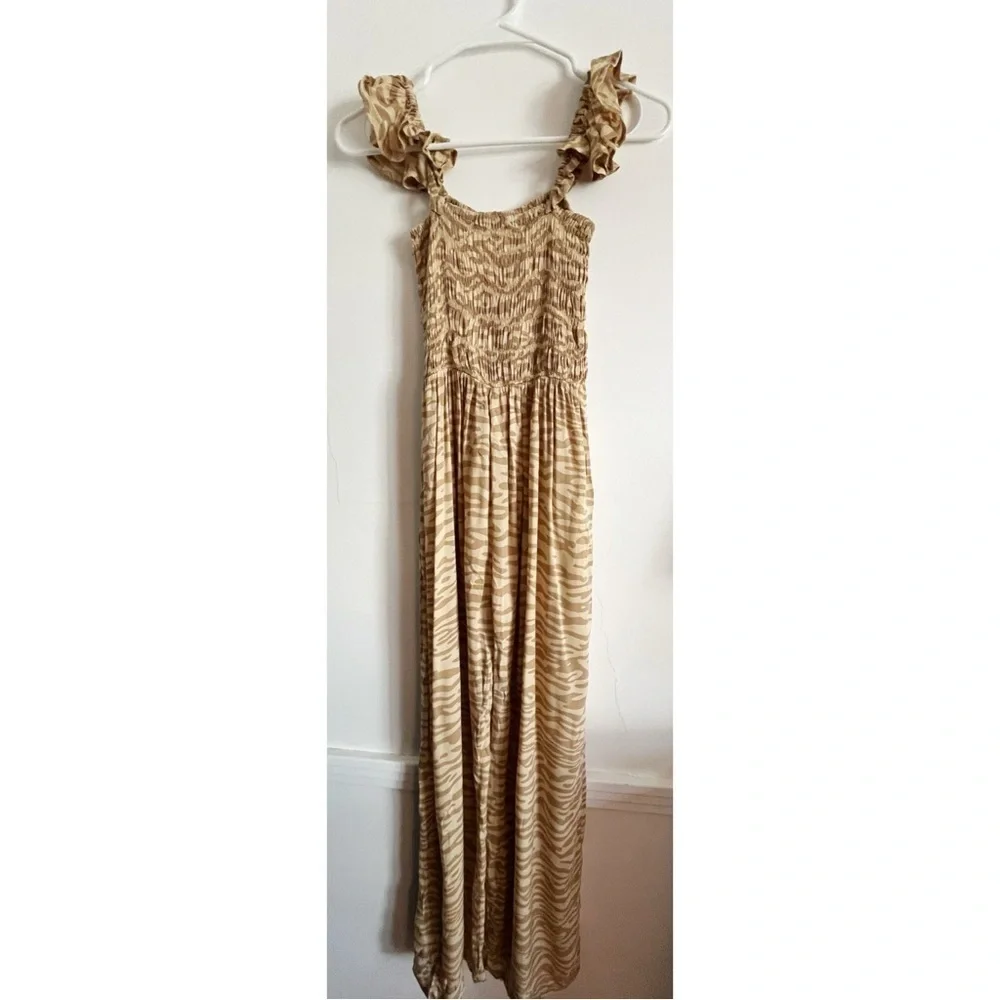 Tiare Hawaii • NWT Brown Tan Animal Stripe Smocked Jumpsuit